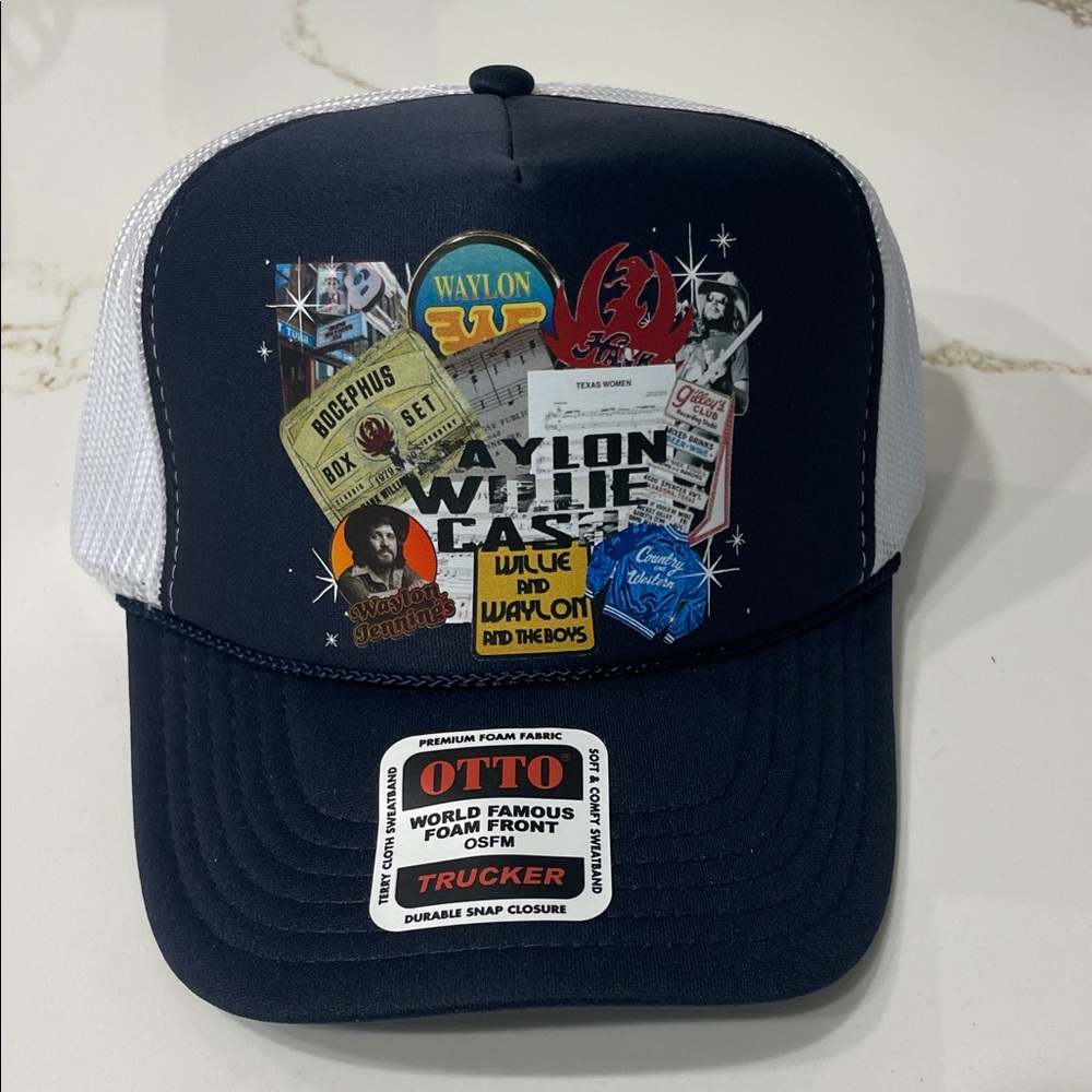 Waylon, Willie, and Cash Navy and White Music Graphic Trucker Hat